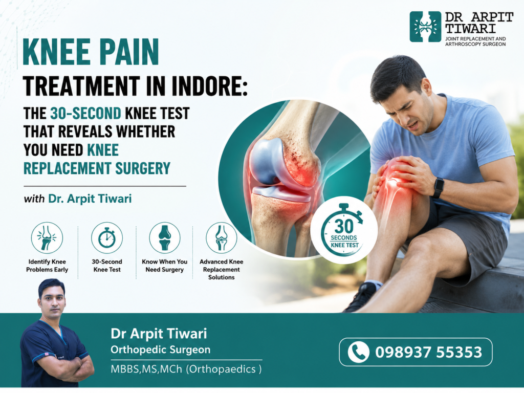 Knee pain treatment infographic showing a 30-second knee test, early identification of knee problems, signs that may indicate the need for surgery, and advanced knee replacement solutions.