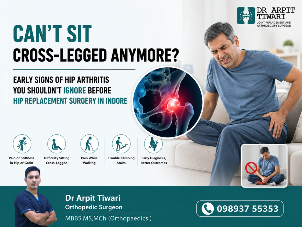Early signs of hip arthritis infographic showing hip or groin pain and stiffness, difficulty sitting cross-legged, pain while walking, and trouble climbing stairs.