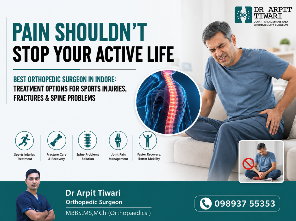 Orthopedic infographic showing treatment options for sports injuries, fractures, spine problems, and joint pain, with a focus on faster recovery and improved mobility.