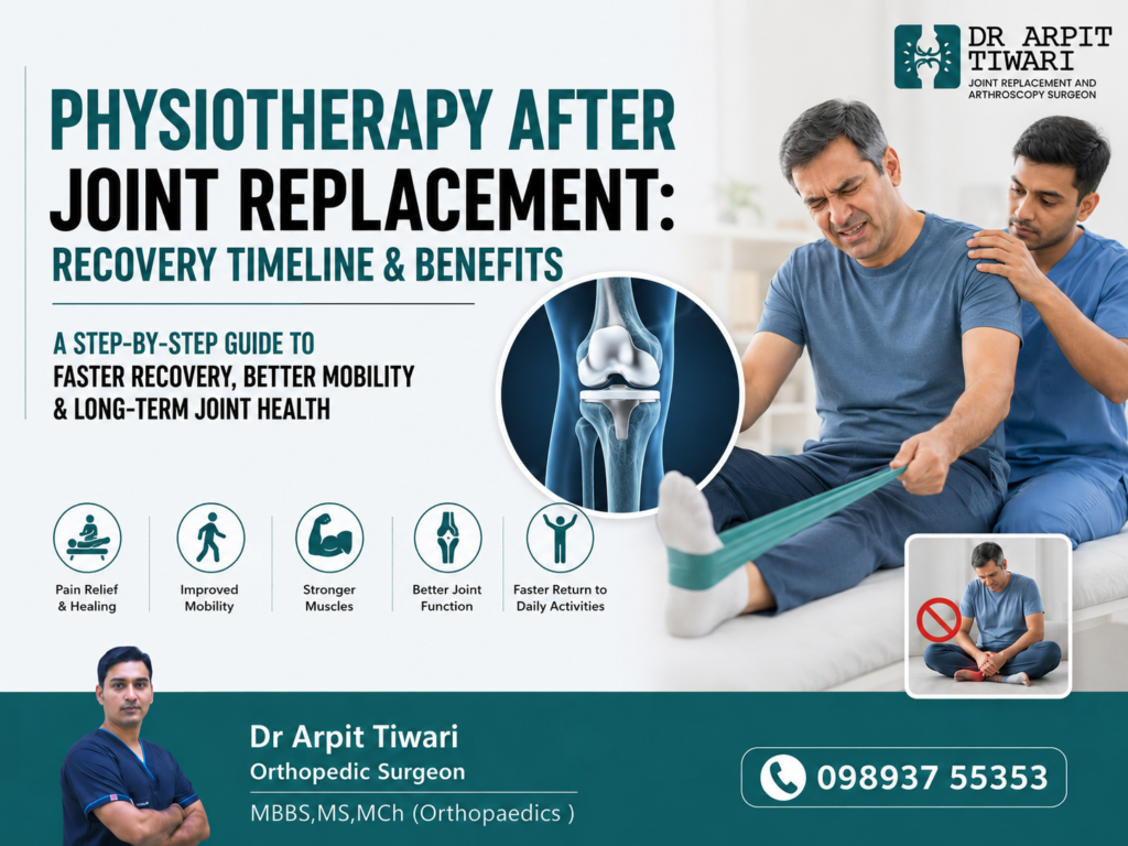 Physiotherapy after joint replacement showing a recovery timeline focused on pain relief, improved mobility, stronger muscles, better joint function, and return to daily activities.